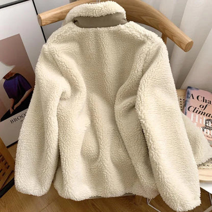 Damen Winterjacke Teddy-Effekt Stehkragen Reißverschluss