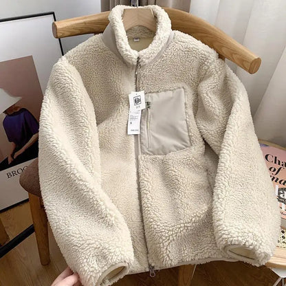 Damen Winterjacke Teddy-Effekt Stehkragen Reißverschluss