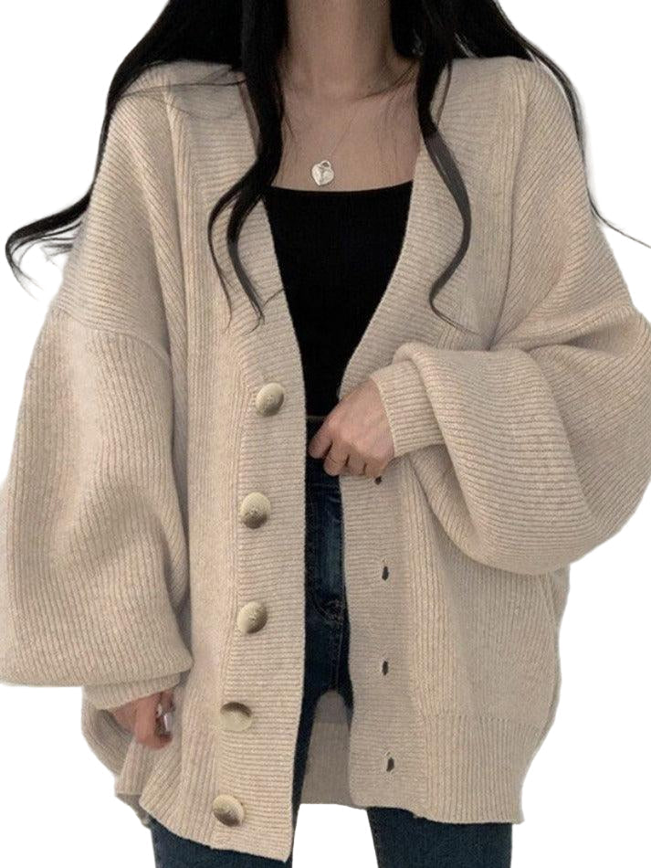 Damen Longcardigan mit Knöpfen Lockerer Strickcardigan Ballonärmel - Norvielle