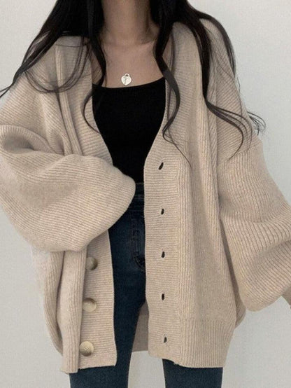 Damen Longcardigan mit Knöpfen Lockerer Strickcardigan Ballonärmel
