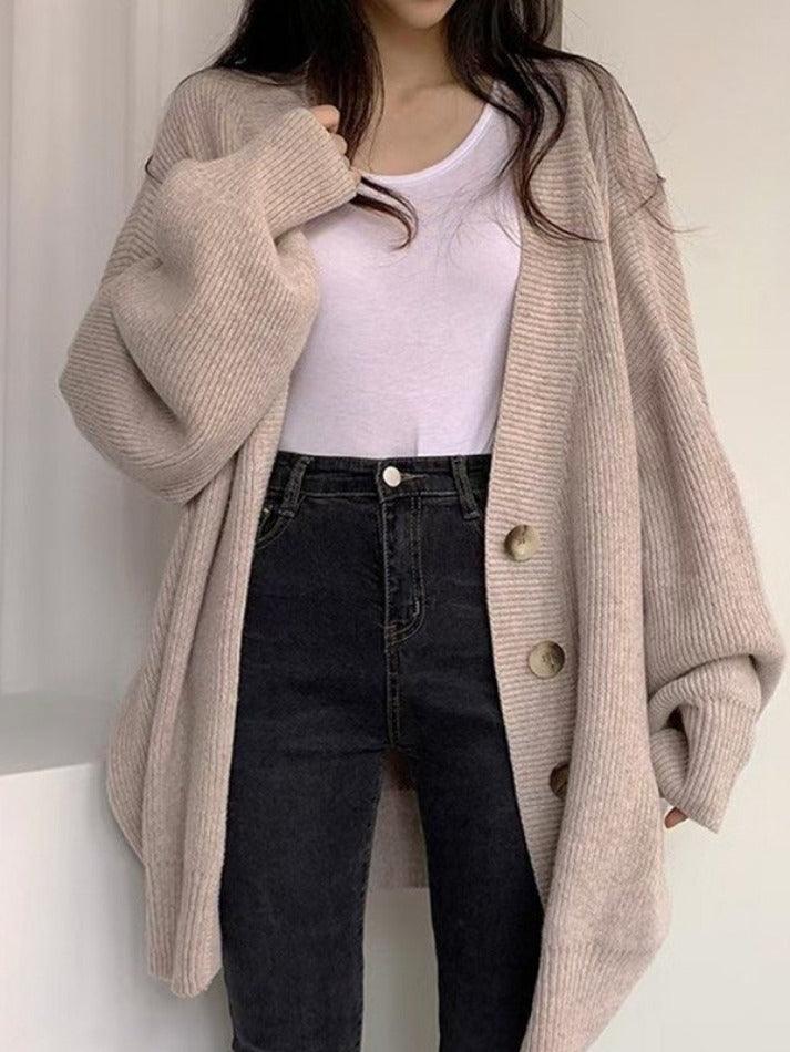 Damen Longcardigan mit Knöpfen Lockerer Strickcardigan Ballonärmel
