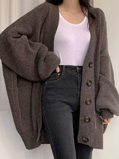 Damen Longcardigan mit Knöpfen Lockerer Strickcardigan Ballonärmel
