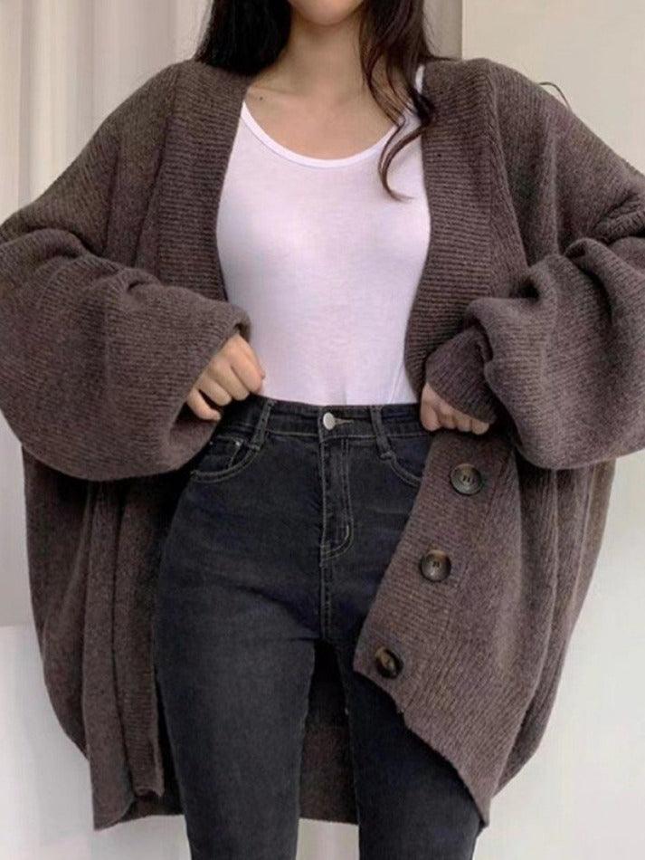 Damen Longcardigan mit Knöpfen Lockerer Strickcardigan Ballonärmel
