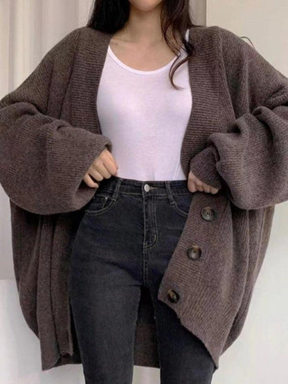 Damen Longcardigan mit Knöpfen Lockerer Strickcardigan Ballonärmel