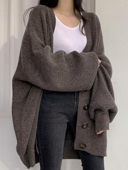 Damen Longcardigan mit Knöpfen Lockerer Strickcardigan Ballonärmel