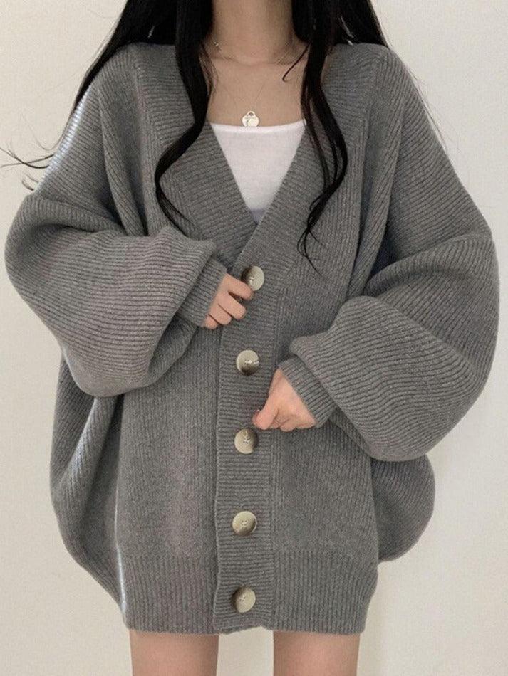 Damen Longcardigan mit Knöpfen Lockerer Strickcardigan Ballonärmel