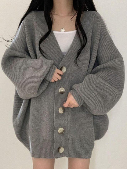 Damen Longcardigan mit Knöpfen Lockerer Strickcardigan Ballonärmel