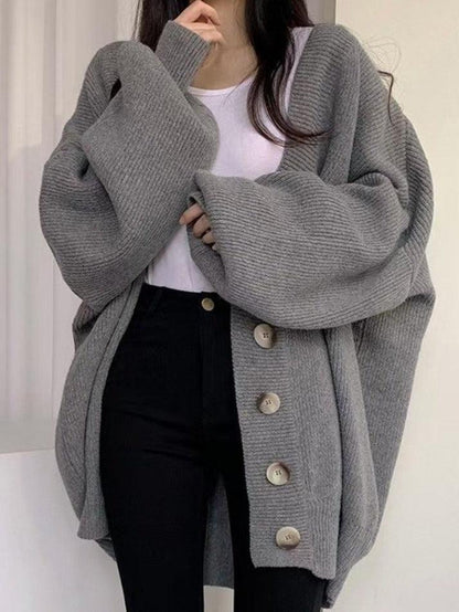 Damen Longcardigan mit Knöpfen Lockerer Strickcardigan Ballonärmel