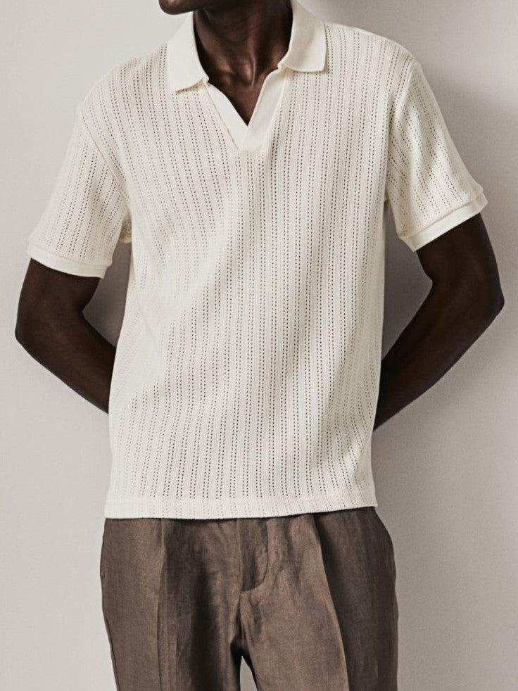 Herren Poloshirt Strick Optisch Elegant Weiß