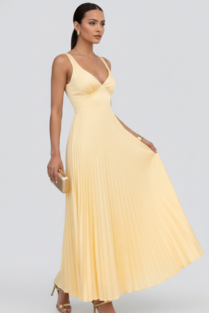 Damen Maxikleid V-Ausschnitt Plissierter Rock