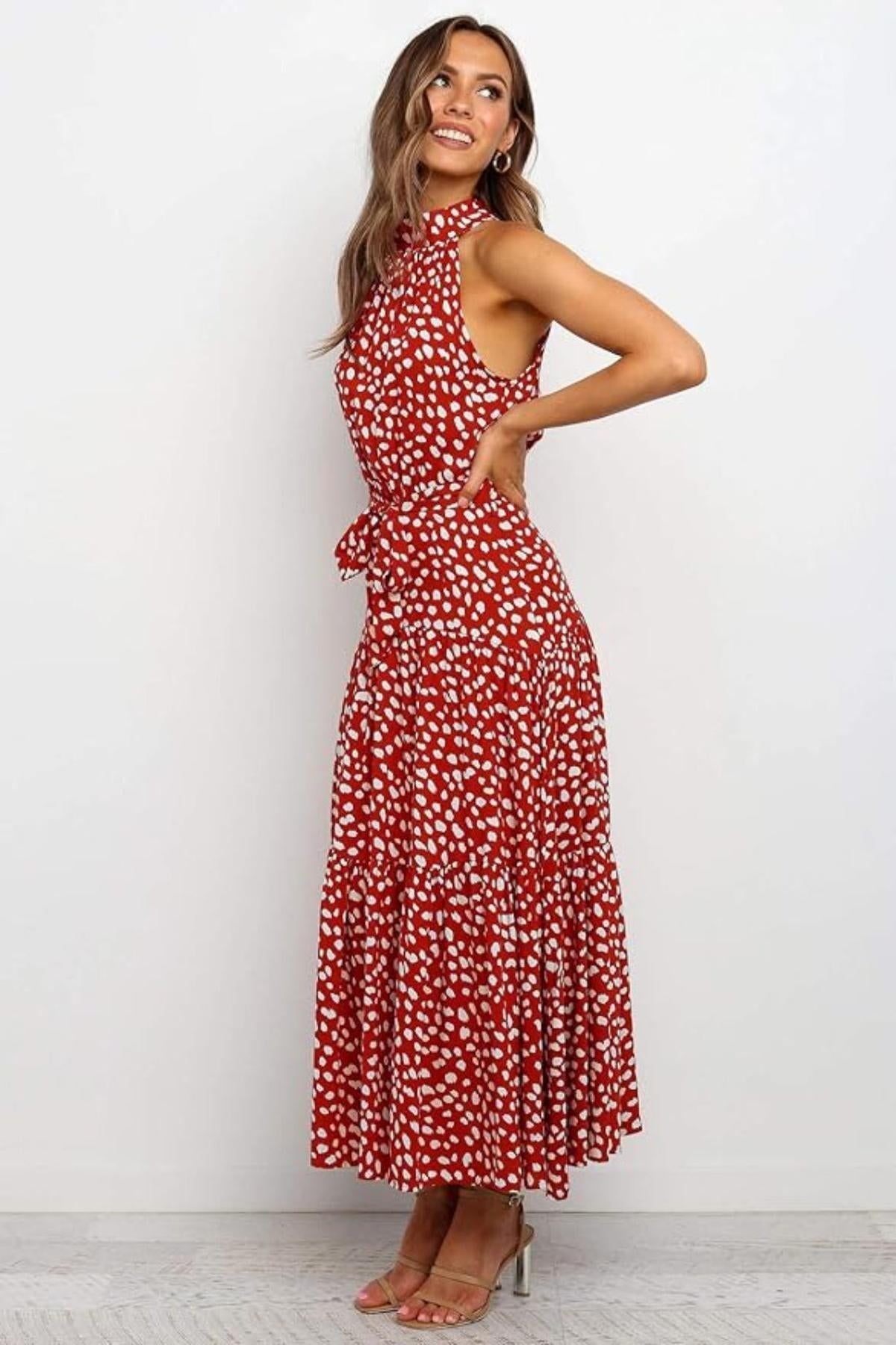 Damen Maxikleid mit Druckmuster und Taillenschleife