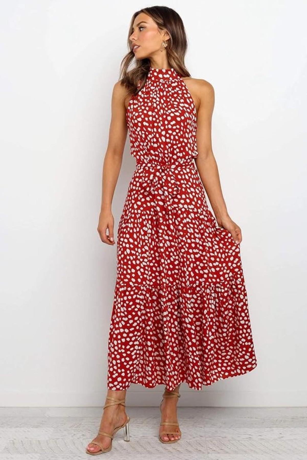 Damen Maxikleid mit Druckmuster und Taillenschleife