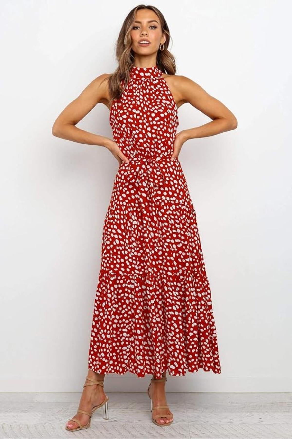 Damen Maxikleid mit Druckmuster und Taillenschleife