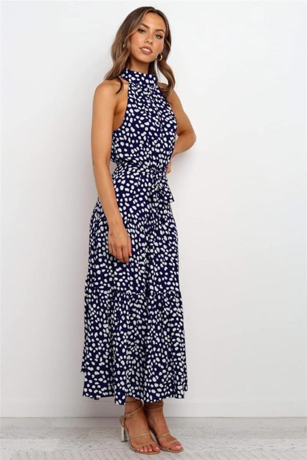 Damen Maxikleid mit Druckmuster und Taillenschleife