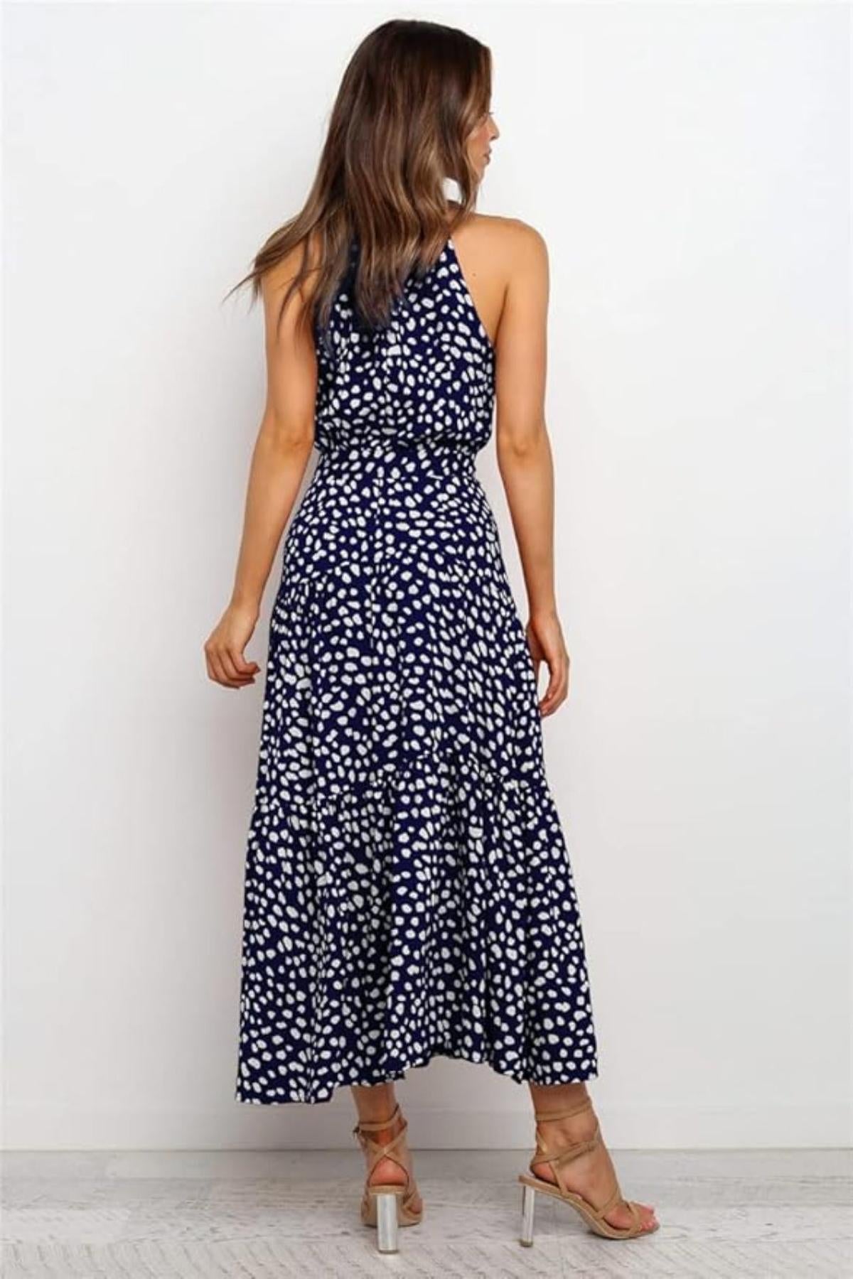 Damen Maxikleid mit Druckmuster und Taillenschleife