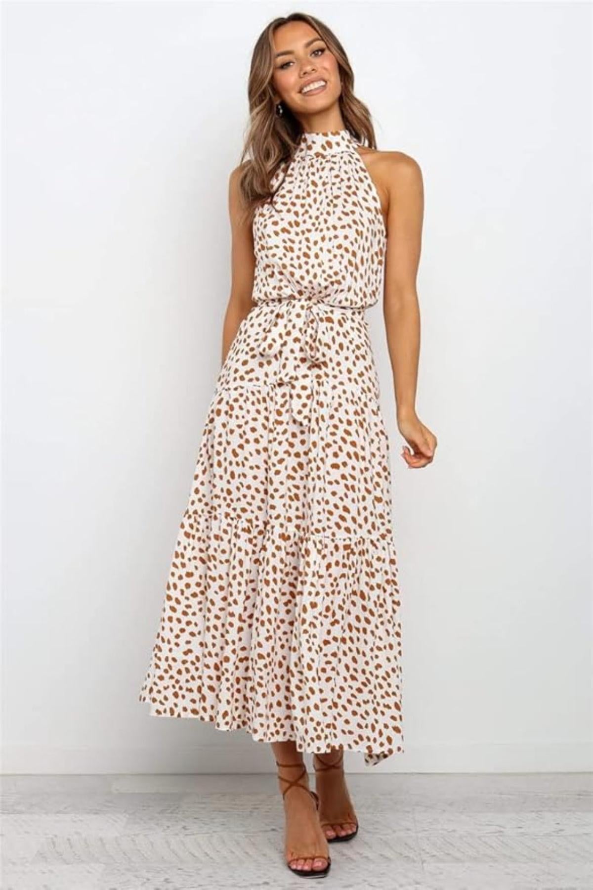 Damen Maxikleid mit Druckmuster und Taillenschleife