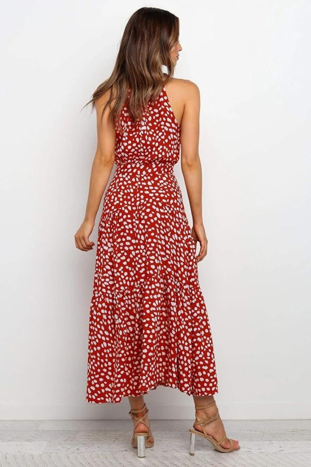Damen Maxikleid mit Druckmuster und Taillenschleife