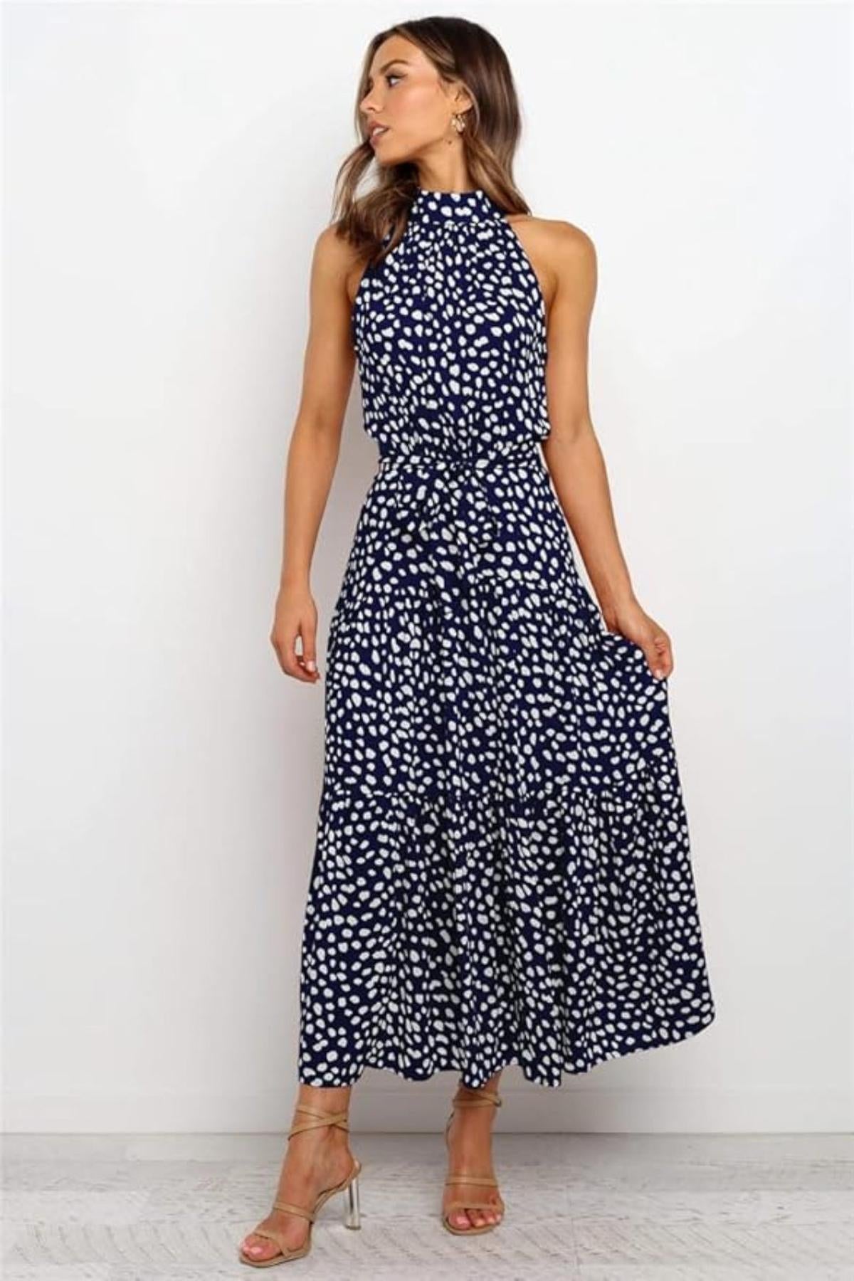Damen Maxikleid mit Druckmuster und Taillenschleife - Norvielle