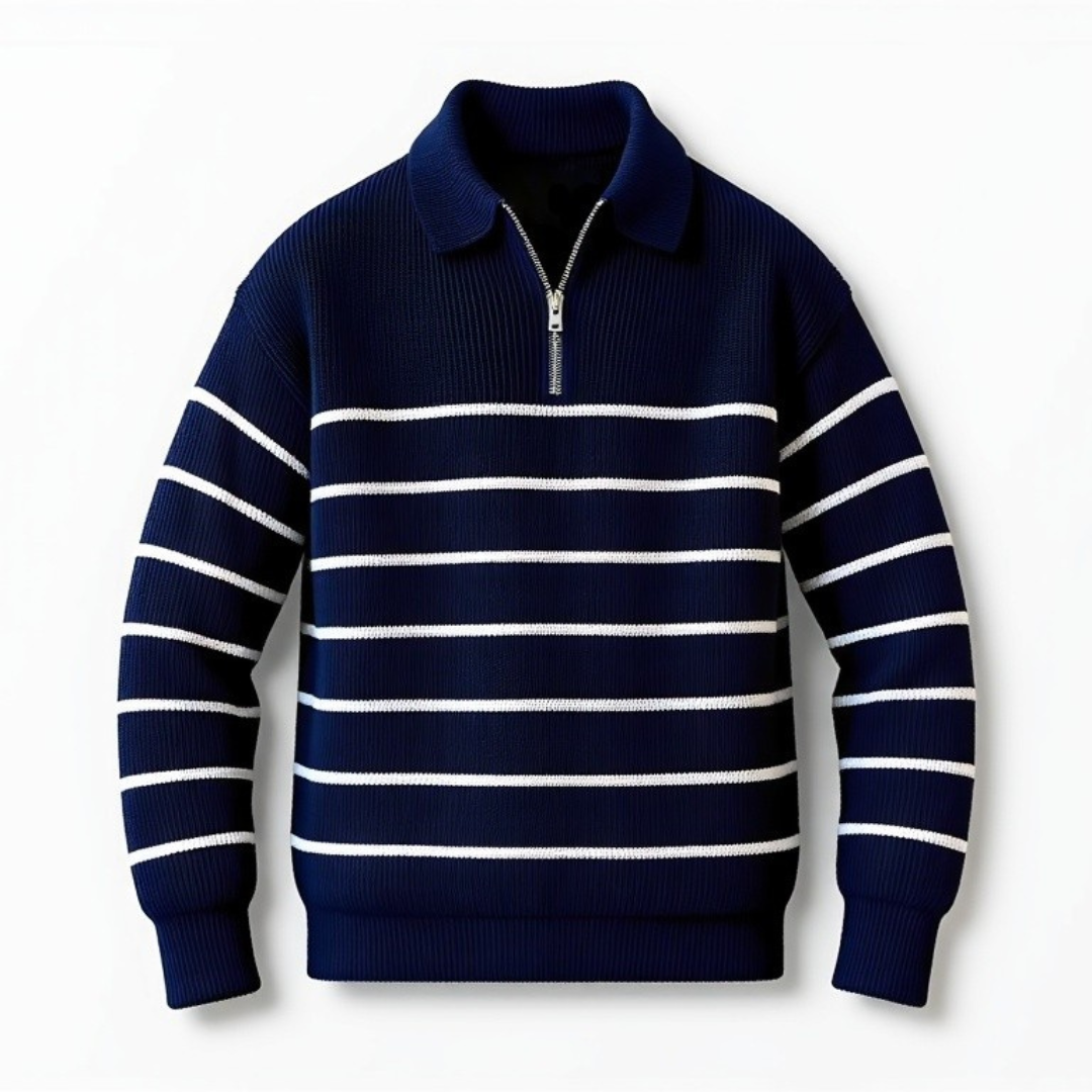 Herren Polo Pullover Blau Gestreift Viertelreißverschluss - Norvielle