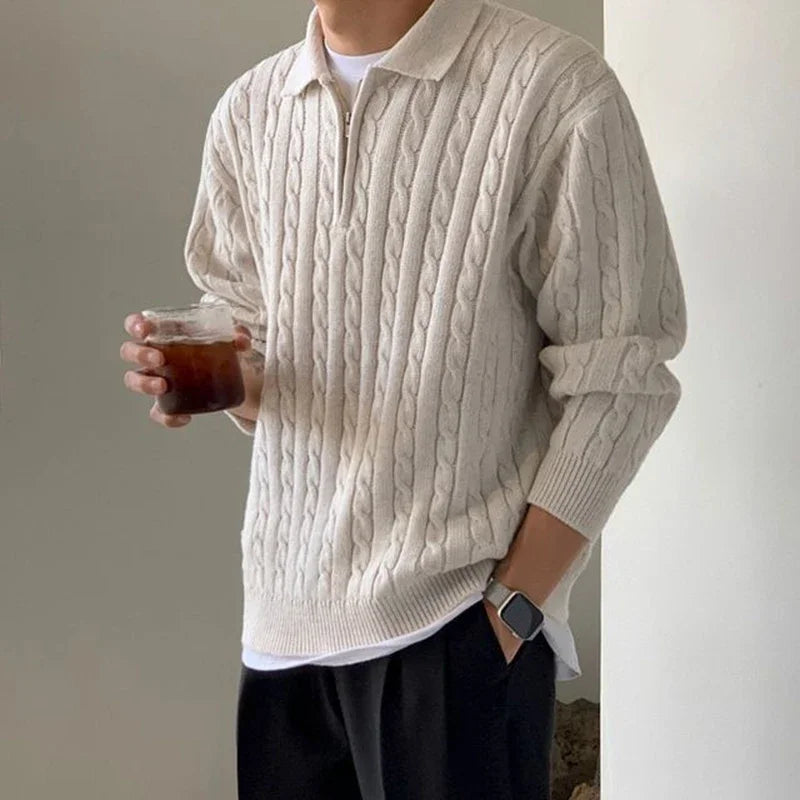 Herren Polo Pullover Zopfmuster Mit Kragen Halber Reißverschluss - Norvielle