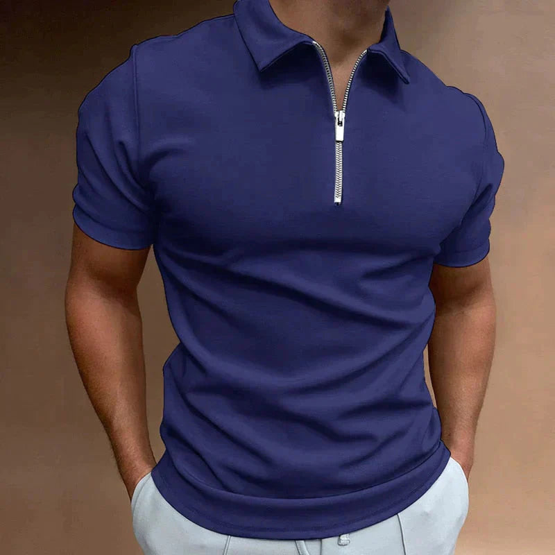 Polohemd – Herren-Kurzarmhemd Mit Umlegekragen und Halbem Reißverschluss-Dunkelblau-S-Chaps Herrenmode
