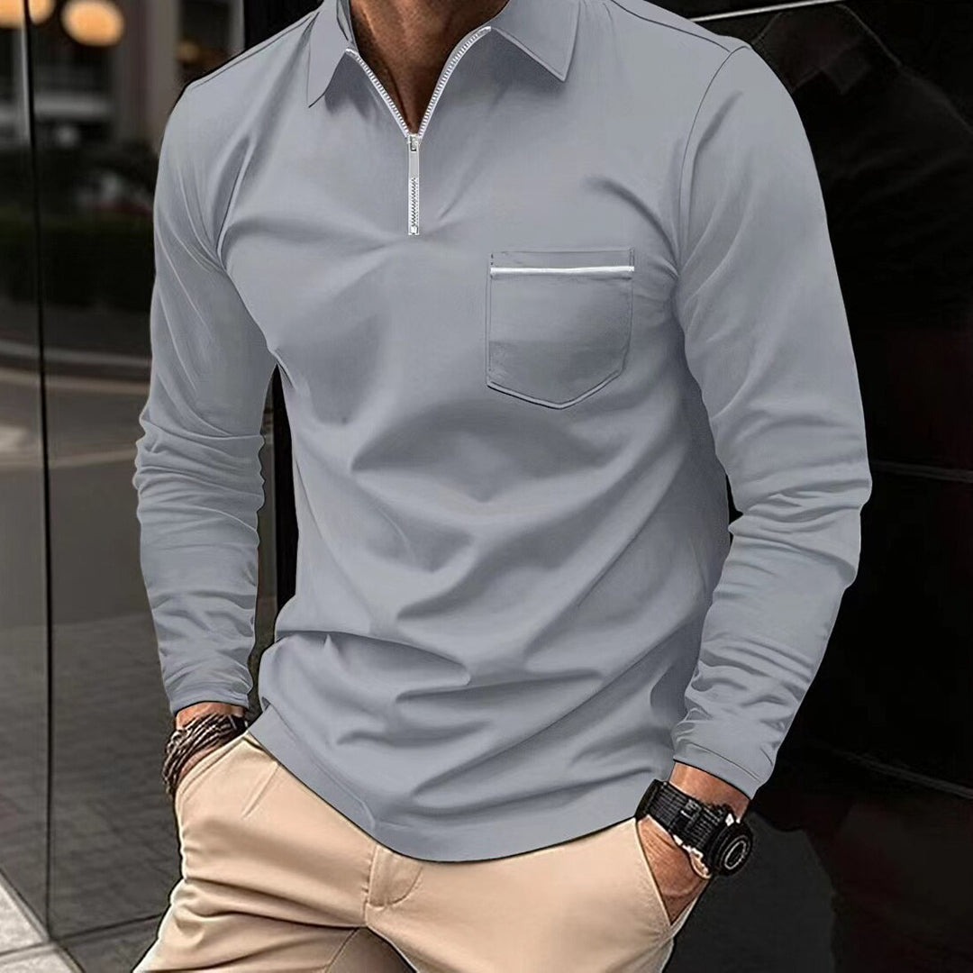 Polohemd – Herren-Polohemd mit Kragen, langen Ärmeln und Viertelreißverschluss-Grau-S-Chaps Herrenmode