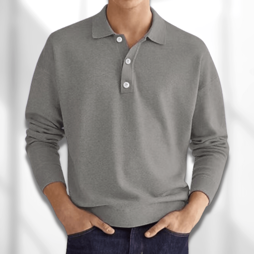 Polopullover - Herren Langarm-Poloshirt Pullover mit Kragen-Grau-S-Chaps Herrenmode