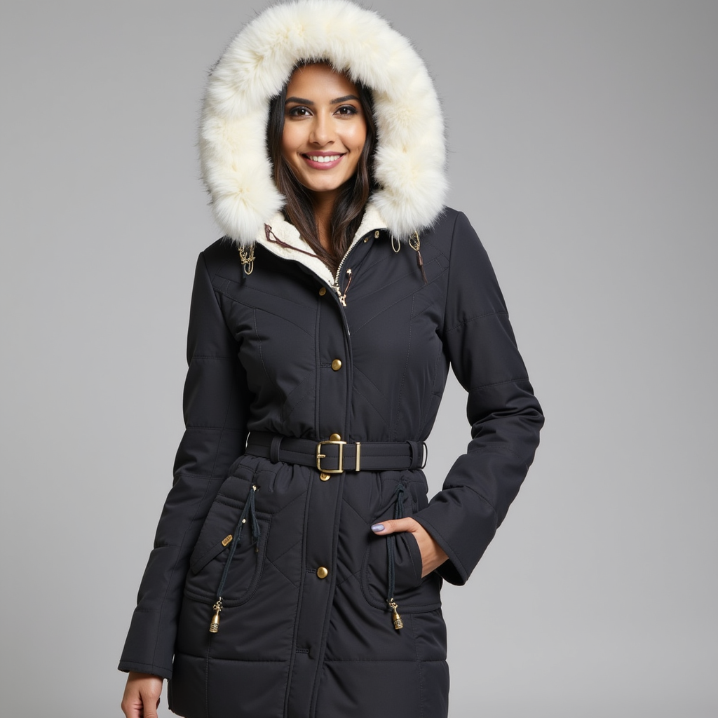 Damen Winterparka Gefüttert Kunstpelzkapuze Taillengürtel - Norvielle