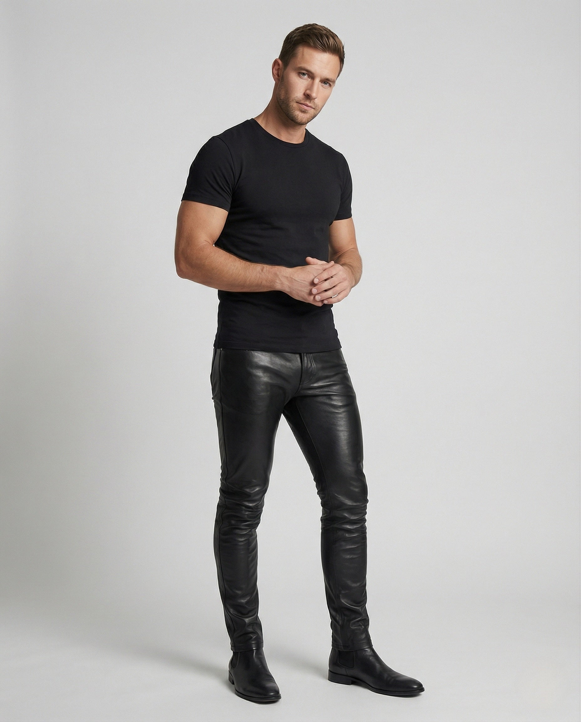 Herren Slim-Fit-Hose Kunstleder Schwarz Modern - Norvielle