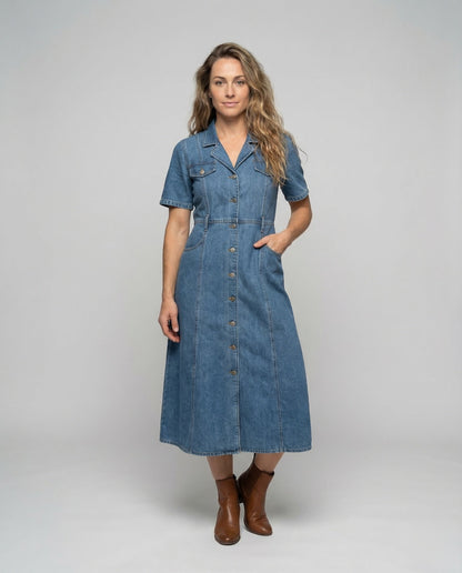 Damen Denim Midikleid Blau - Norvielle