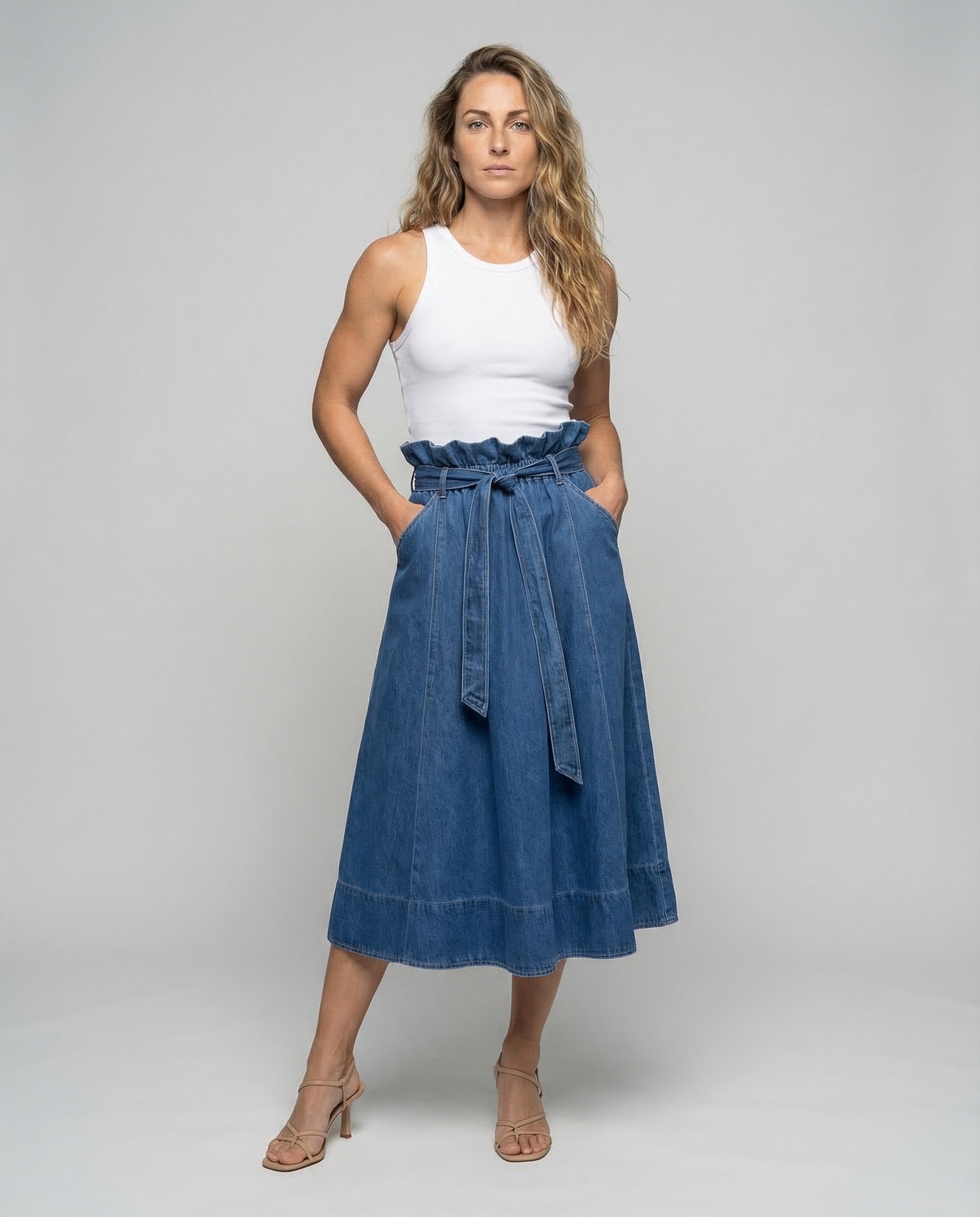 Damen High Waist Midirock Denim Blau - Norvielle