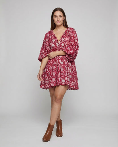 Damen Babydoll Kleid V-Ausschnitt Puffärmel - Norvielle