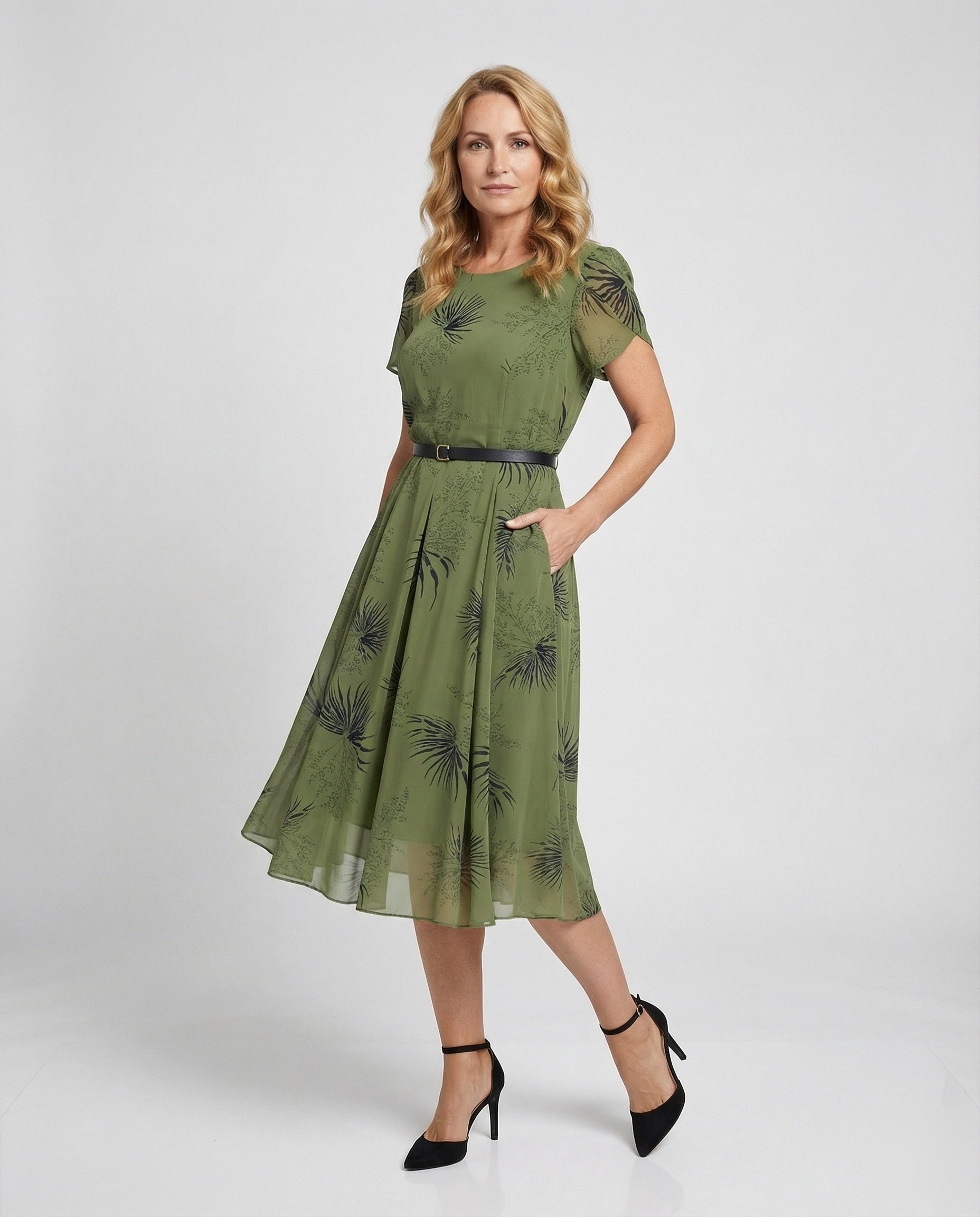 Damen Midikleid Chiffon Palmenmuster Taillengürtel - Norvielle