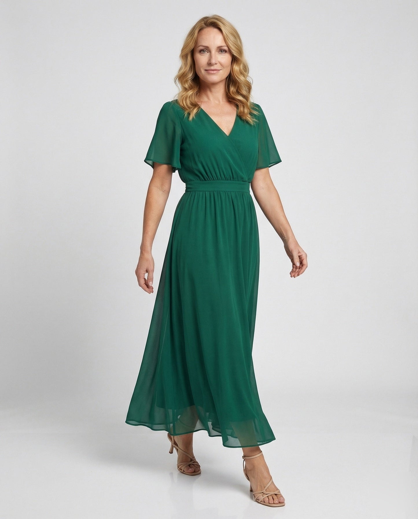Damen Maxikleid Chiffon Wickeloptik Flügelärmel - Norvielle