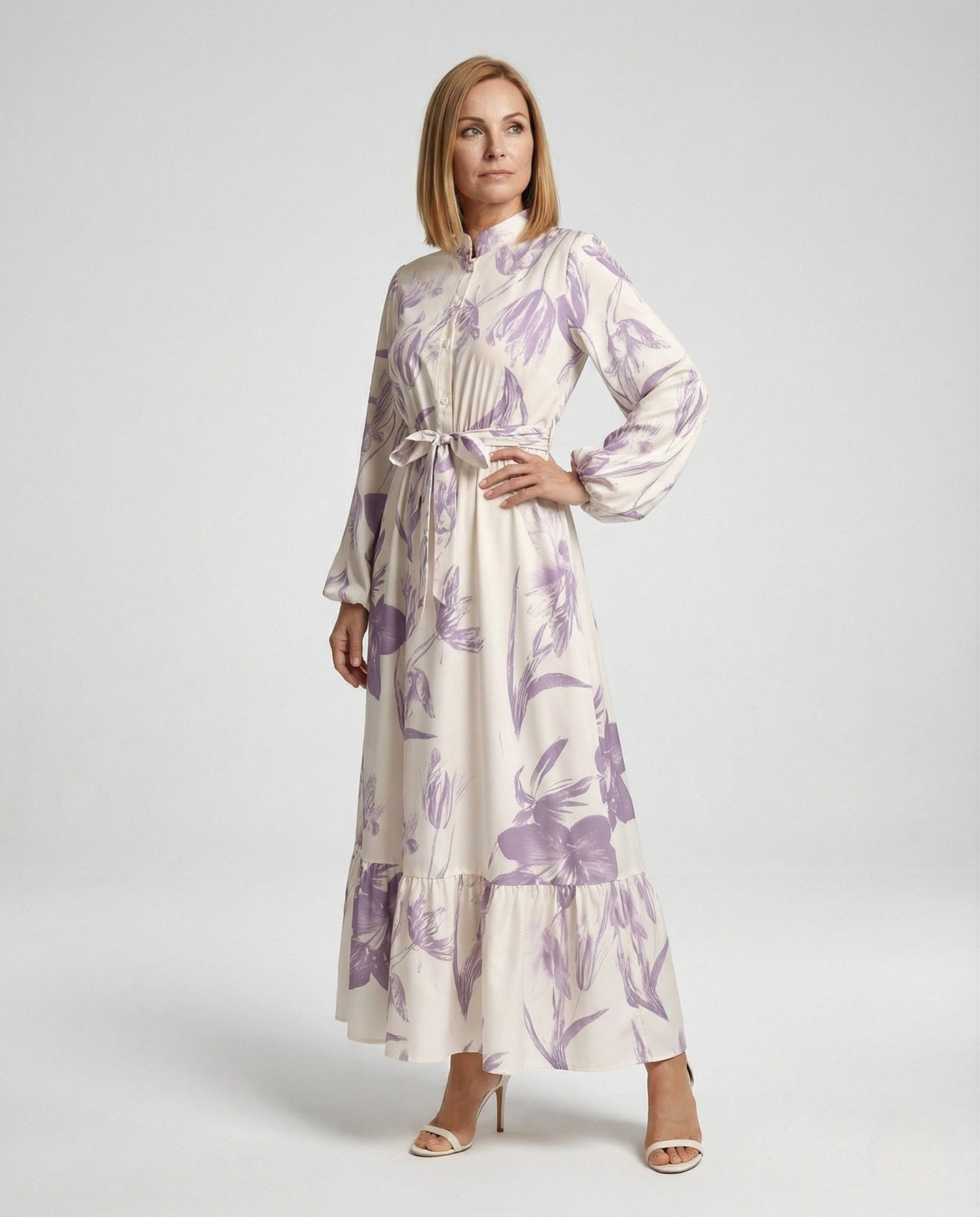 Damen Maxikleid Stehkragen Ballonärmel - Norvielle