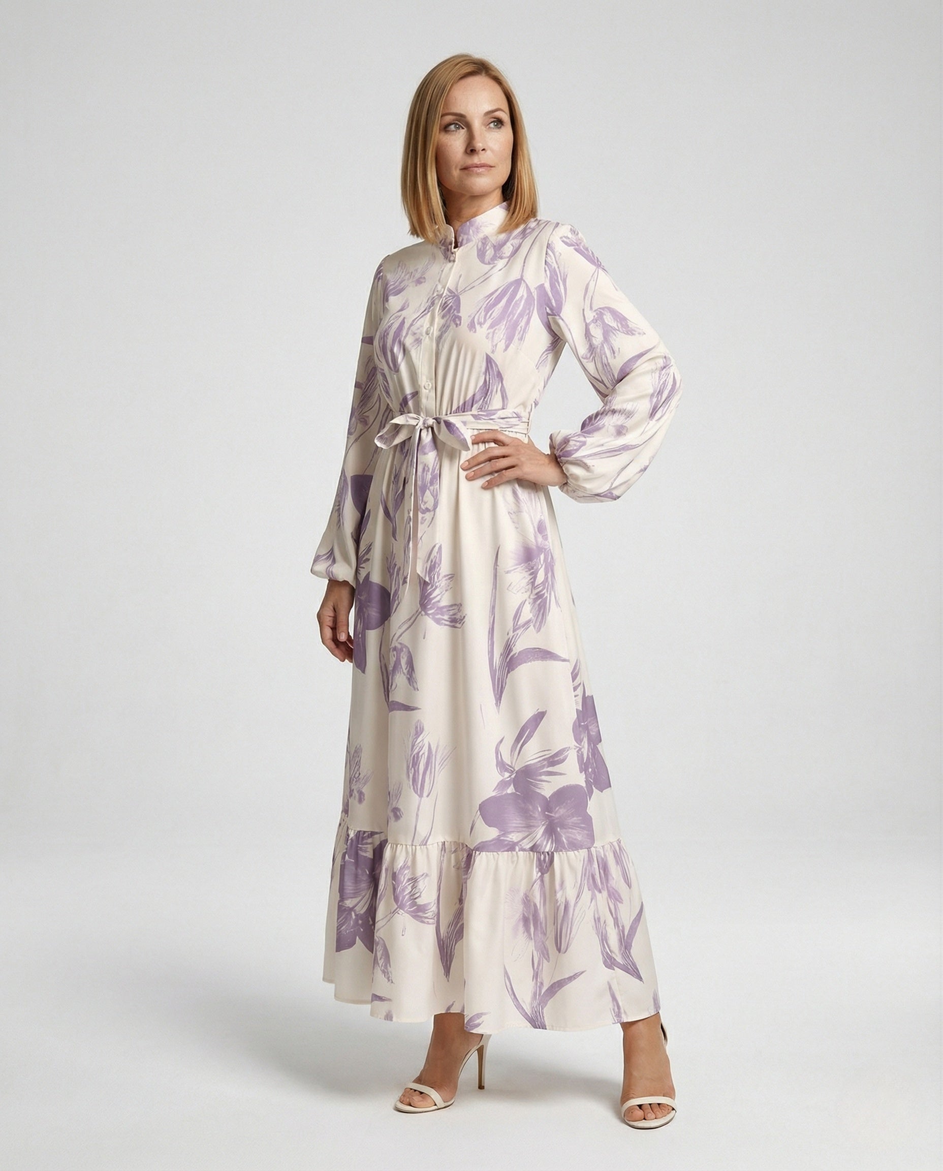 Damen Maxikleid Stehkragen Ballonärmel - Norvielle