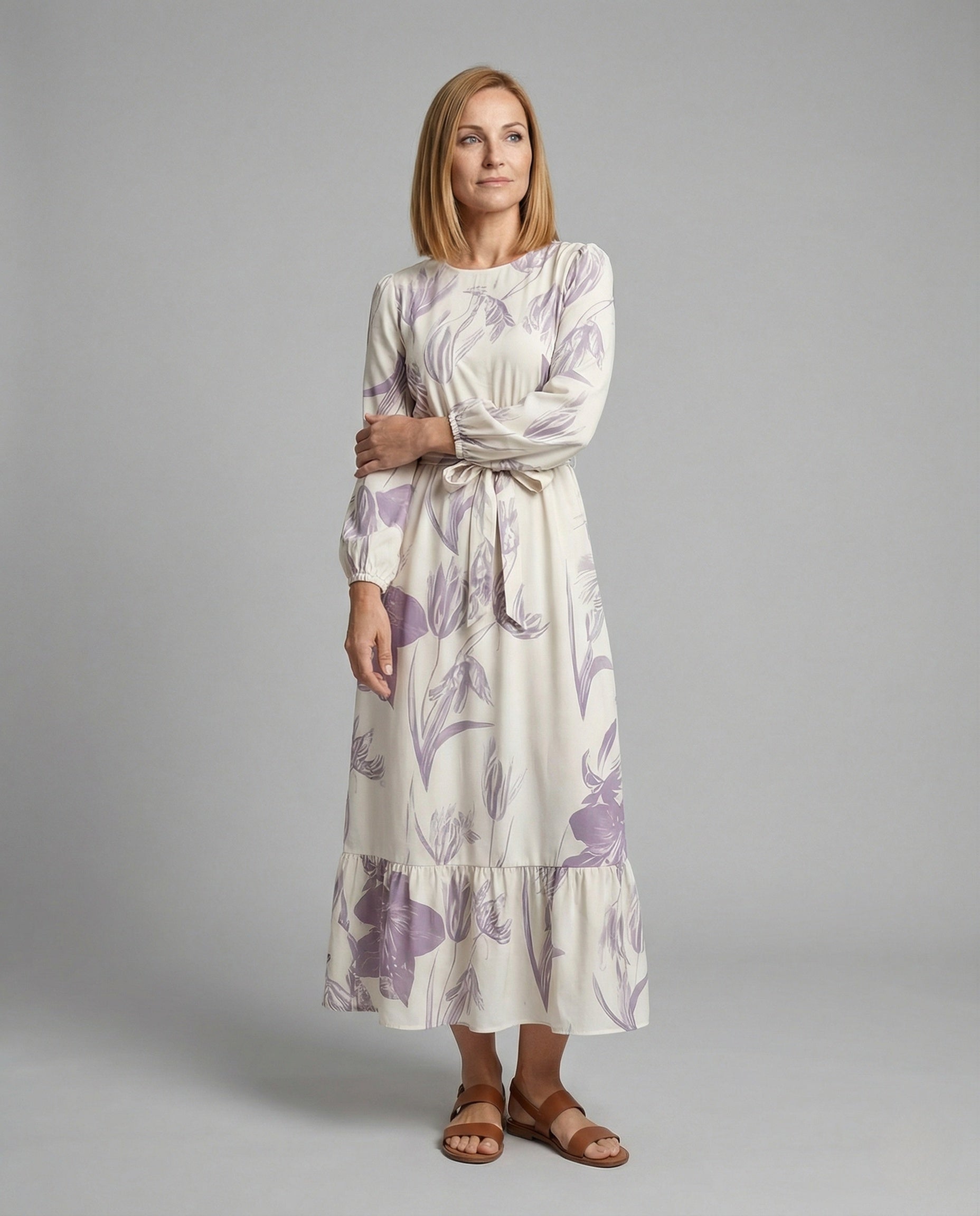 Damen Maxikleid Ballonärmel Volantsaum - Norvielle