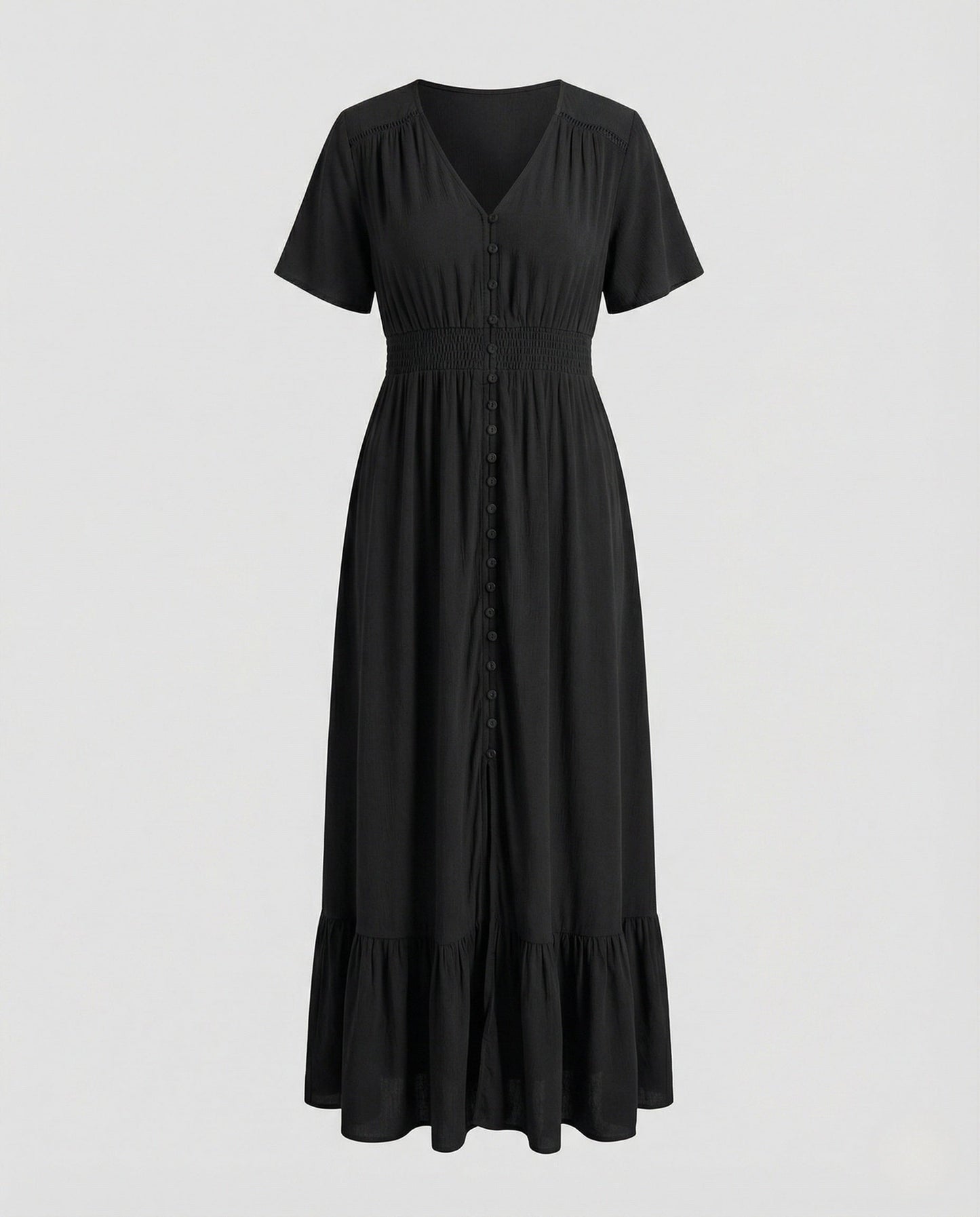 Damen Maxikleid Knopfleiste Stufenvolant