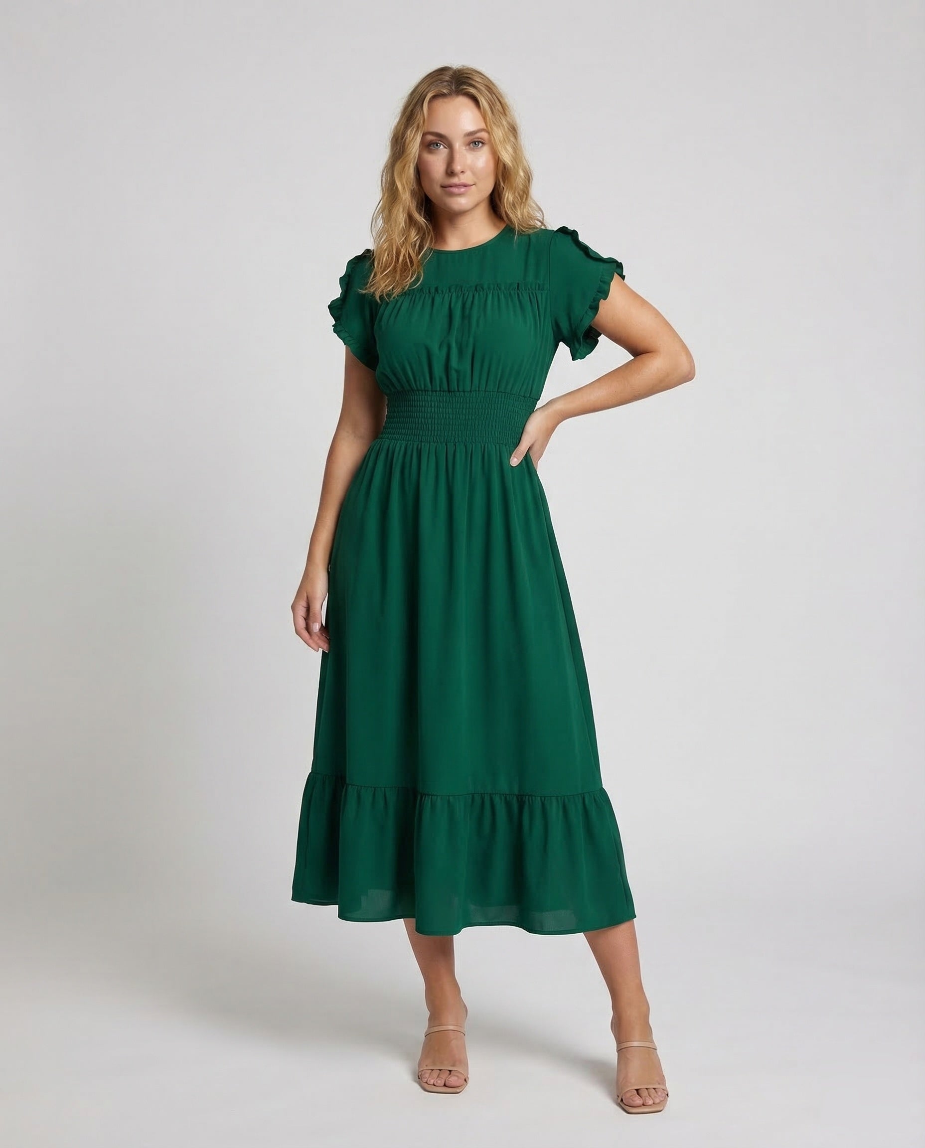 Damen Maxikleid Smock-Bund Volantstufe - Norvielle