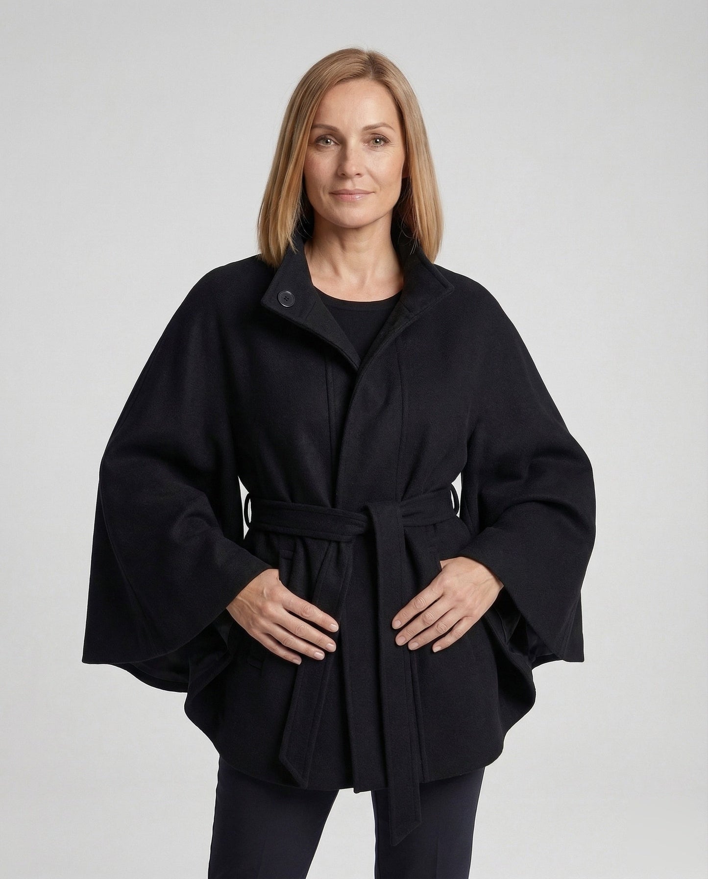 Damen Wollcape Mantel mit Taillengürtel - Norvielle