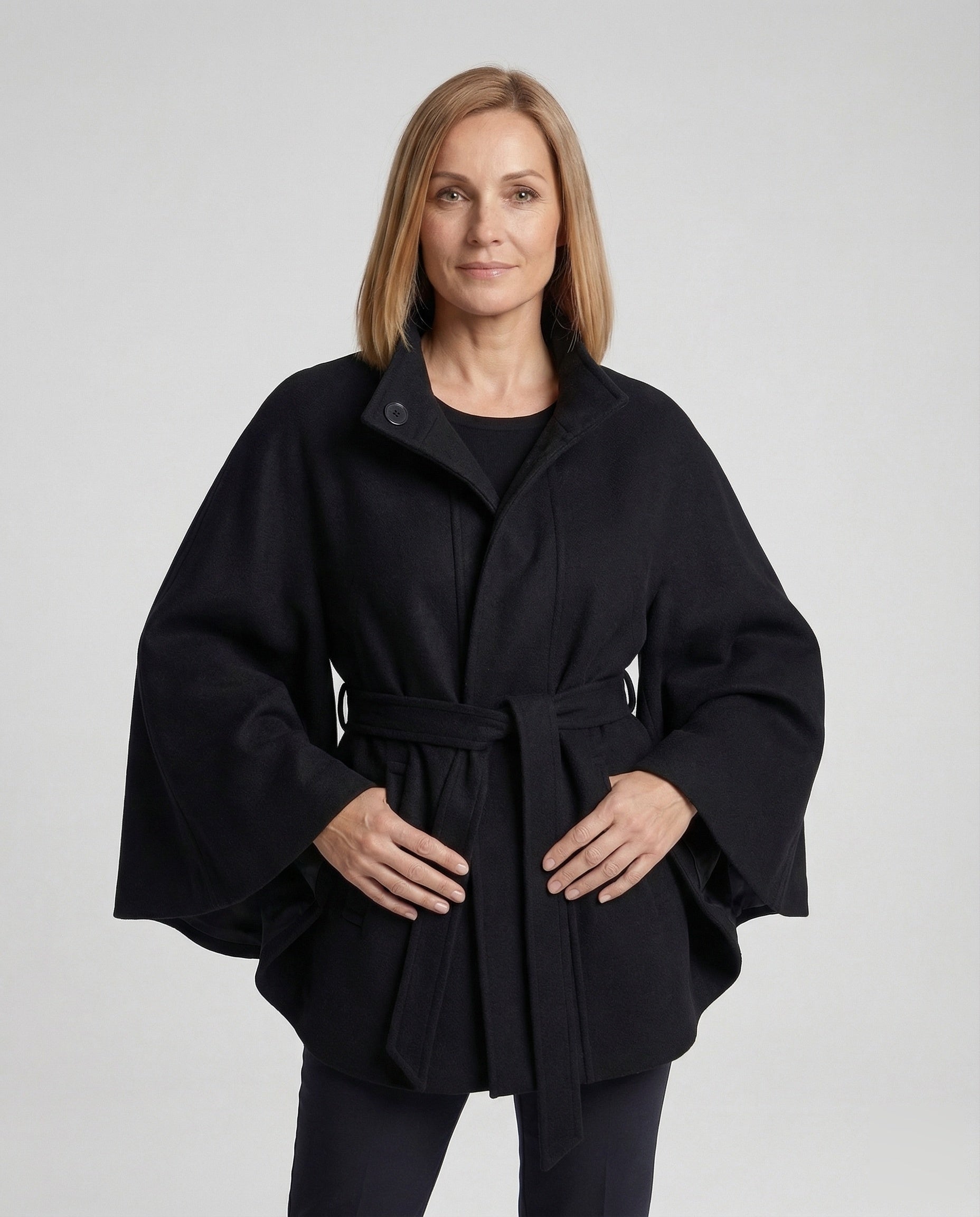 Damen Wollcape Mantel mit Taillengürtel - Norvielle