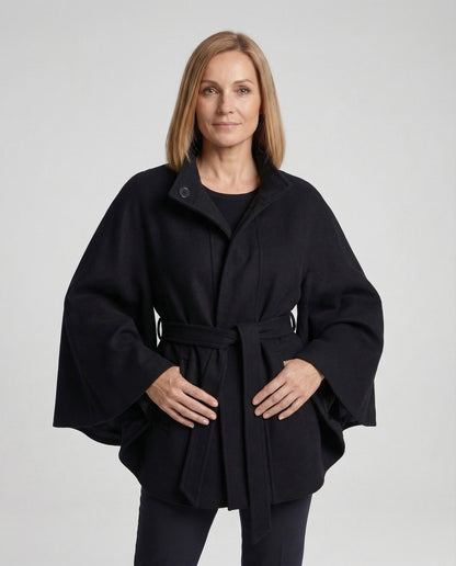 Damen Wollcape Mantel mit Taillengürtel - Norvielle