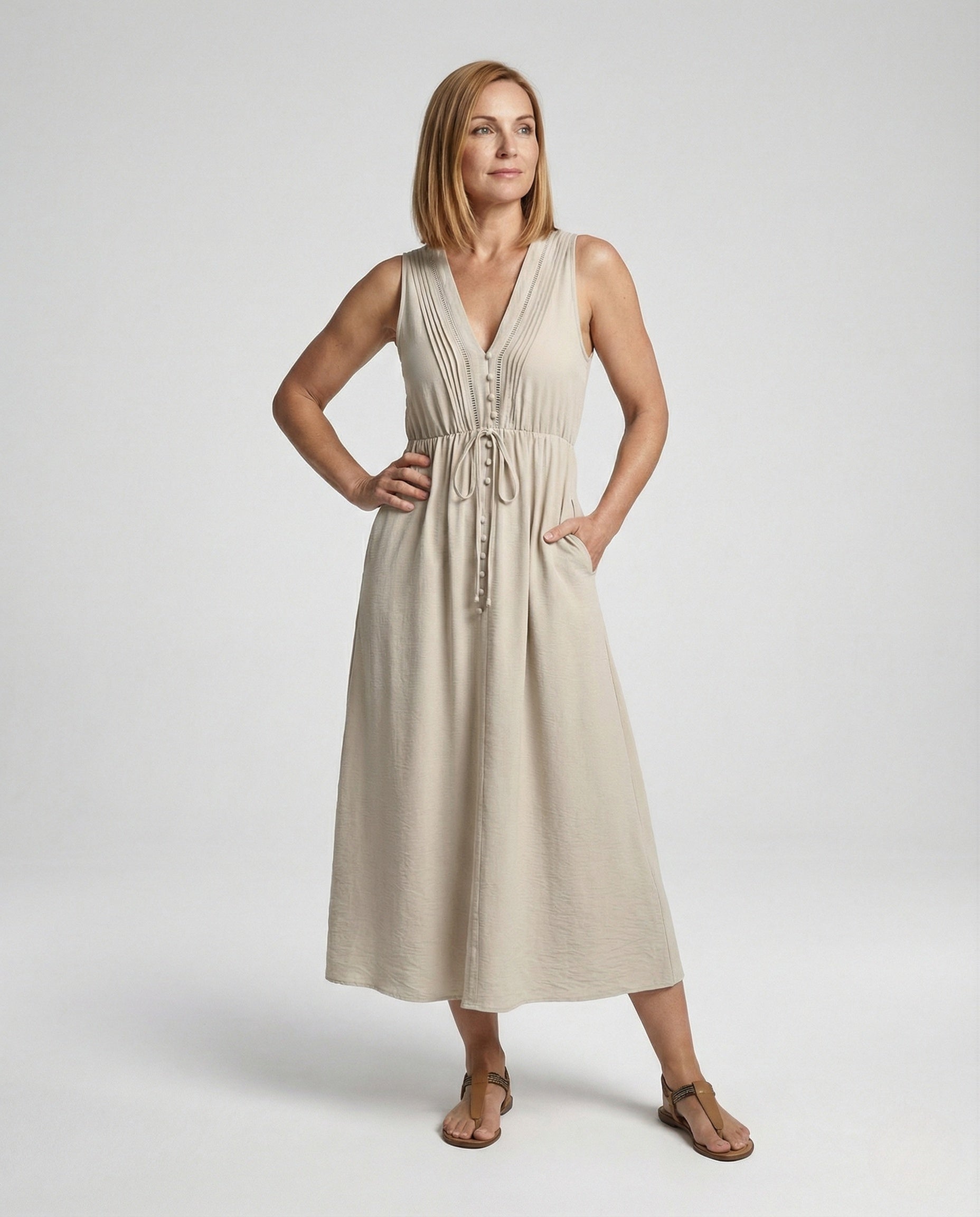 Damen Ärmelloses Maxikleid Bindeband Zierknöpfe - Norvielle