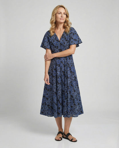 Damen Midikleid mit V-Ausschnitt Fledermausärmeln Bestickt - Norvielle
