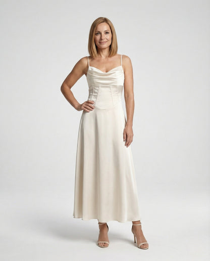 Damen Maxikleid Satin Drapiert Schwarz - Norvielle