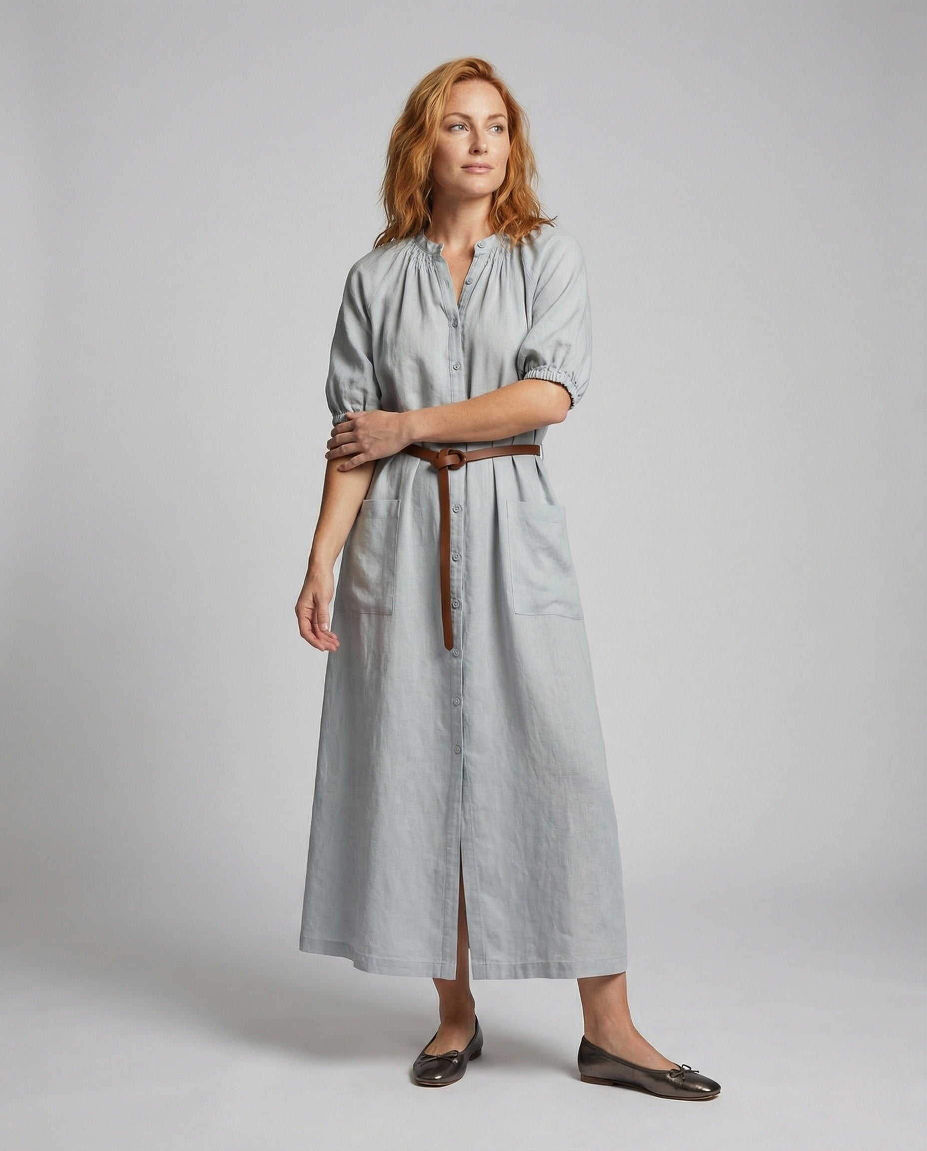 Damen Maxi Hemdkleid mit Bindegürtel - Norvielle