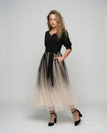 Damen Ballkleid Samt Tüll Schwarz - Norvielle