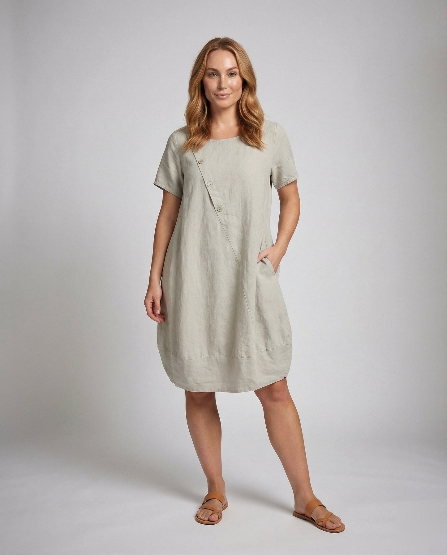Damen Leinen A-Linie Kurzkleid mit Taschen - Norvielle
