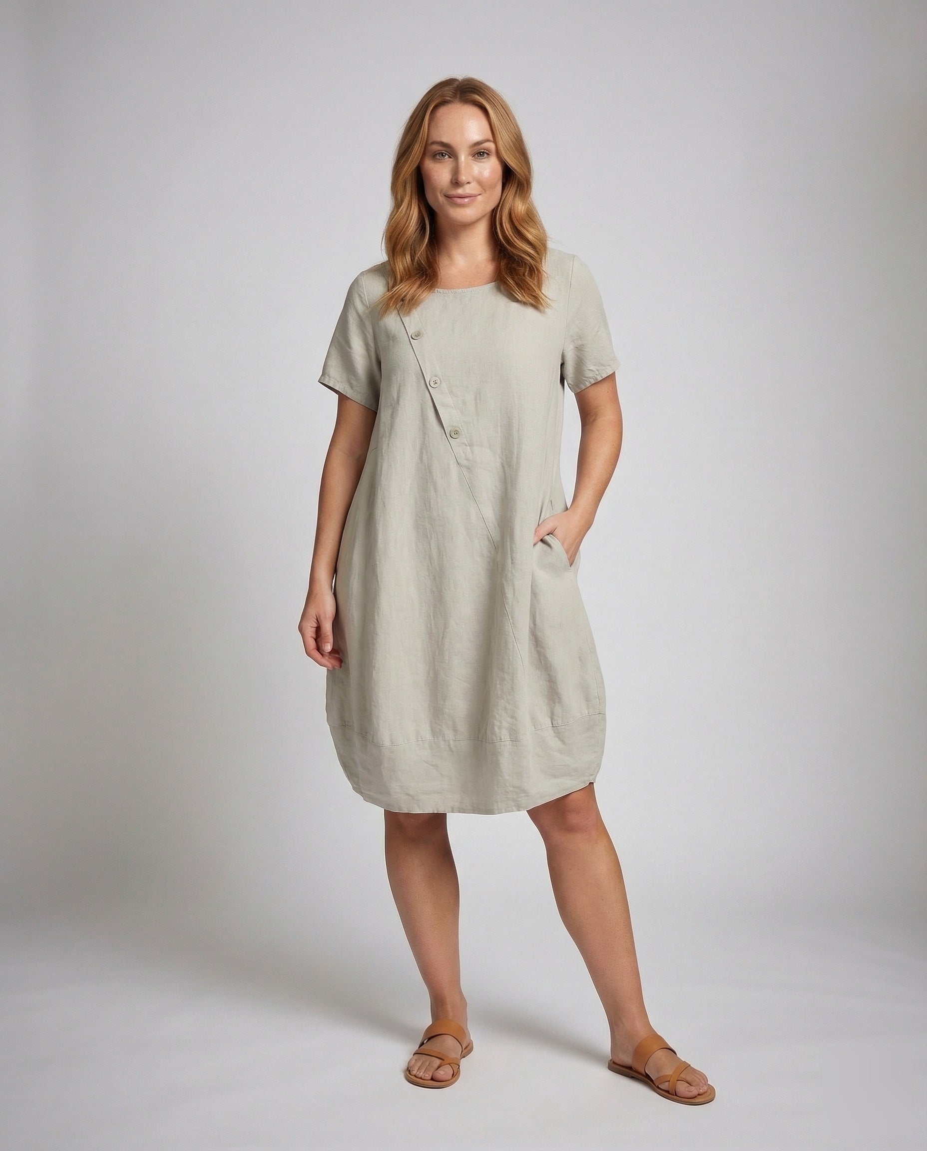 Damen Leinen A-Linie Kurzkleid mit Taschen - Norvielle