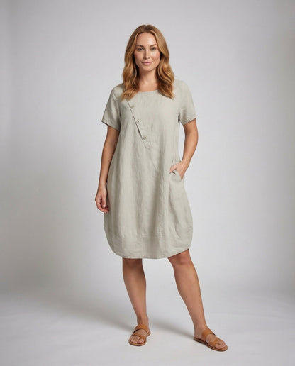 Damen Leinen A-Linie Kurzkleid mit Taschen - Norvielle